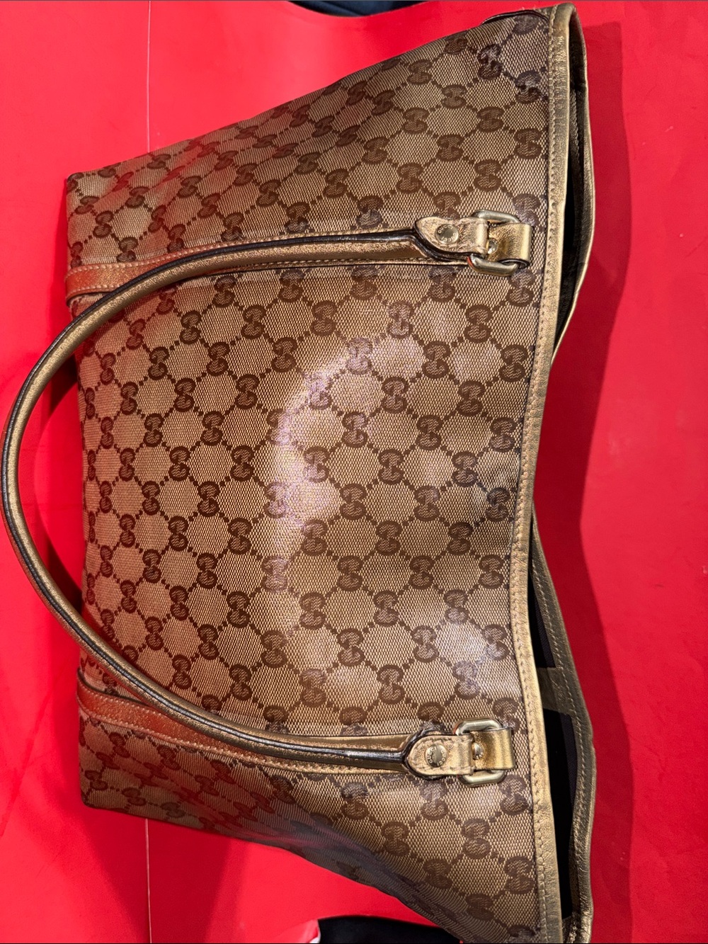 GUCCI Brown GG Monogram Canvas Tote with Gold Trim - Picture 3 of 15